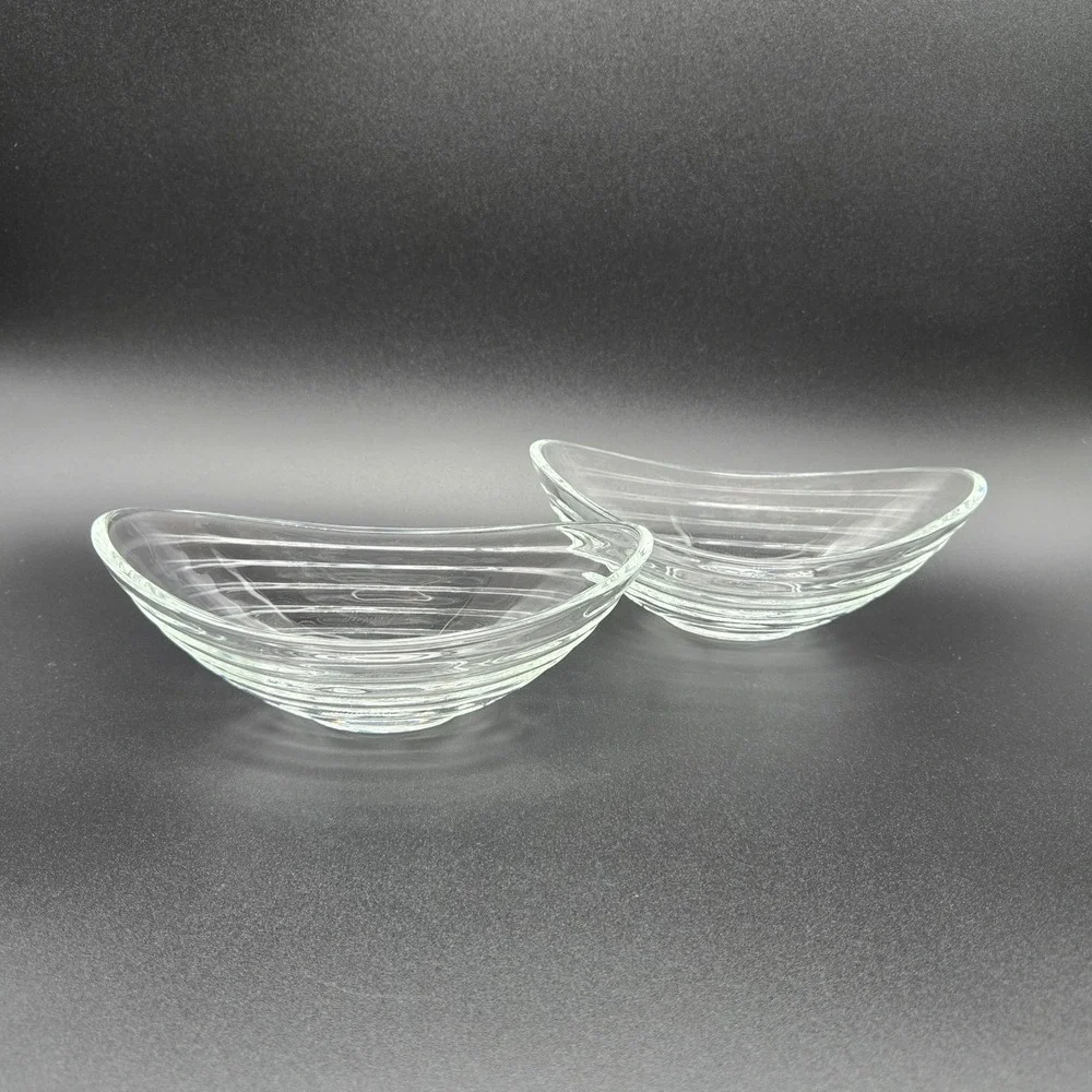 Glass Boat Bowls Clear Ribbed Textured‎ Mid Century Modern MCM Retro Minimalist